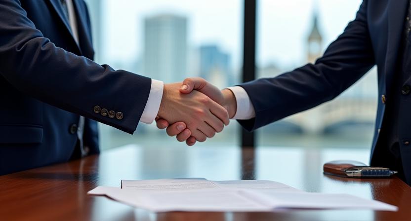 Professional handshake over a polished wooden boardroom table with legal papers